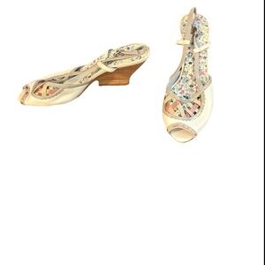 BOBBI BLU  SZ 8.5 M LEATHER FABRIC Peep TOE SLINGBACK HEELS SHOES leather wedge